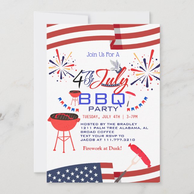 Red White och Blue BBQ Fireworks 4:e juli Party Inbjudningar (Framsida)