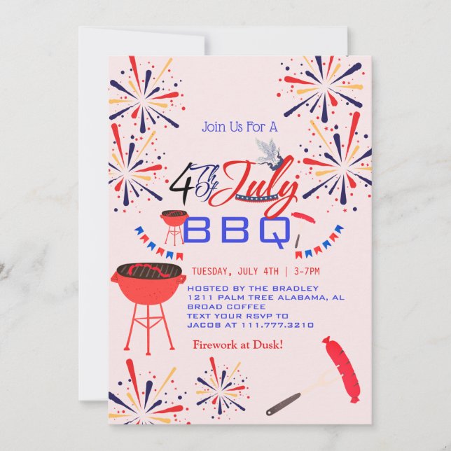 Red White och Blue BBQ Fireworks 4:e juli Party Inbjudningar (Framsida)