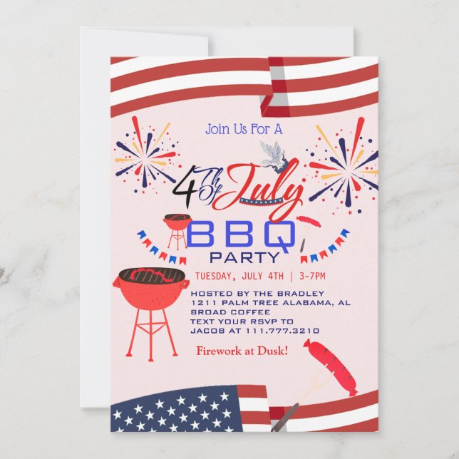 Red White och Blue BBQ Fireworks 4:e juli Party Inbjudningar (Framsida)
