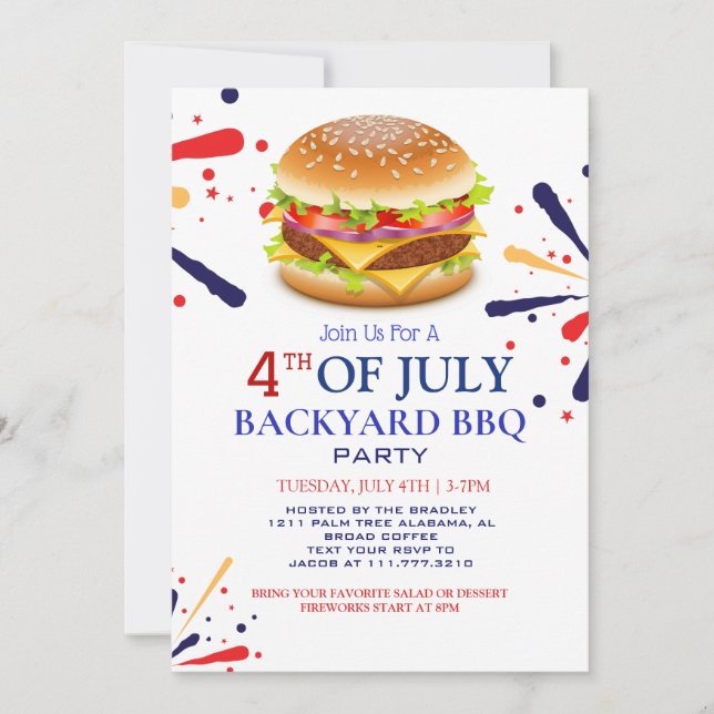 Red White och Blue BBQ Fireworks 4:e juli Party Inbjudningar (Framsida)
