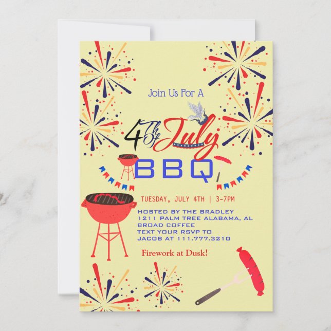Red White och Blue BBQ Fireworks 4:e juli Party Inbjudningar (Framsida)