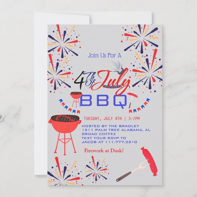 Red White och Blue BBQ Fireworks 4:e juli Party Inbjudningar (Framsida)