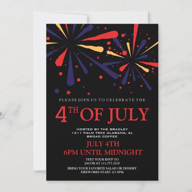 Red White och Blue BBQ Fireworks 4:e juli Party Inbjudningar (Framsida)