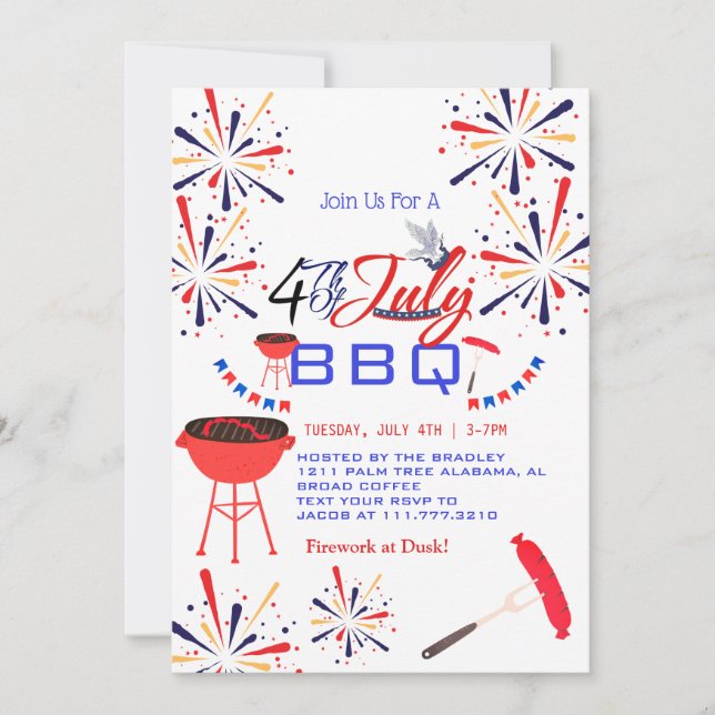 Red White och Blue BBQ Fireworks 4:e juli Party Inbjudningar (Framsida)