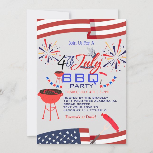 Red White och Blue BBQ Fireworks 4:e juli Party Inbjudningar (Framsida)