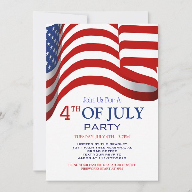 Red White och Blue BBQ Fireworks 4:e juli Party Inbjudningar (Framsida)