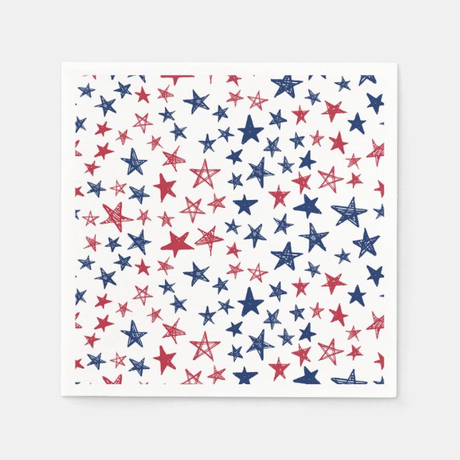Red, White och Blue Doodle Stars Pappersservett (Framsidan)