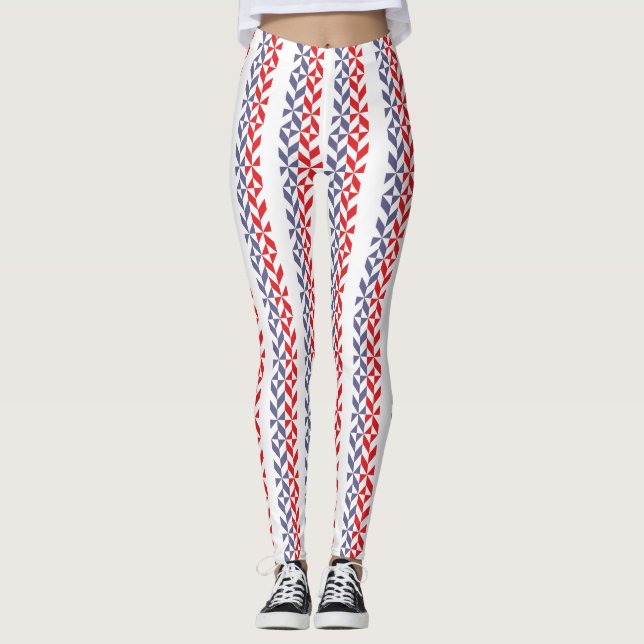 Red White och Blue Geometric ZigZag Leggings (Framsida)