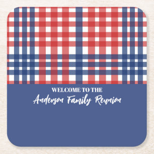 Red, White och Blue Gingham Family Reunion Underlägg Papper Kvadrat
