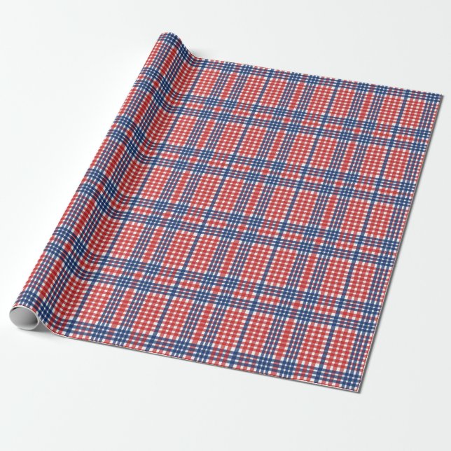 Red White och Blue Gingham Play Presentpapper (Utrullad)