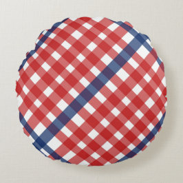 Red White och Blue Gingham Play Rund Kudde