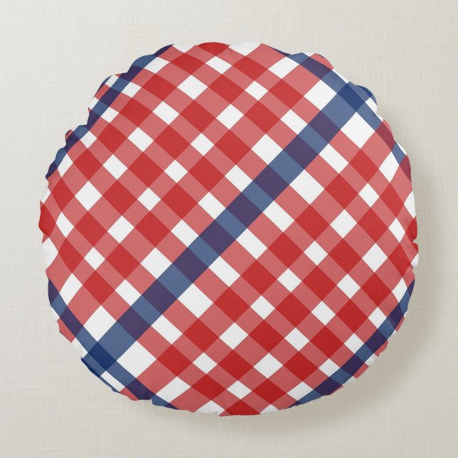 Red White och Blue Gingham Play Rund Kudde (Framsidan)