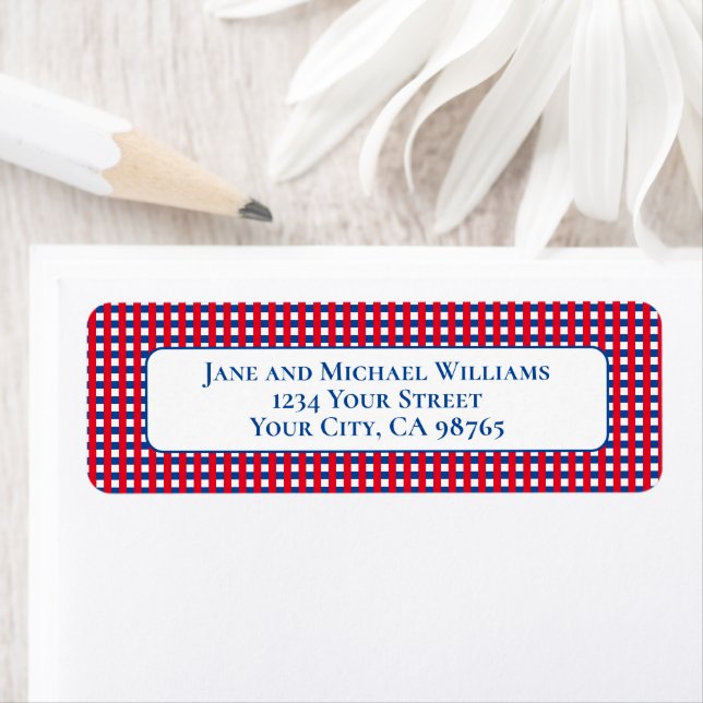 Red White och Blue Gingham Rand Personlig Returadress Etikett (Insitu)