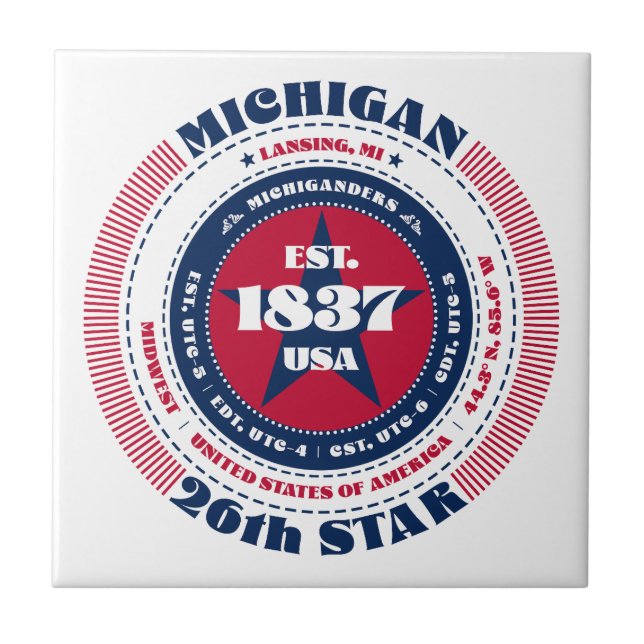 Red, White och Blue Michigan Ceramic Tile Kakelplatta (Framsidan)