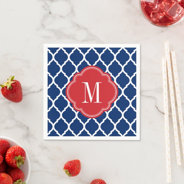 Red White och Blue Moroccan Quatrefoil Monogram Pappersservett (Insitu)
