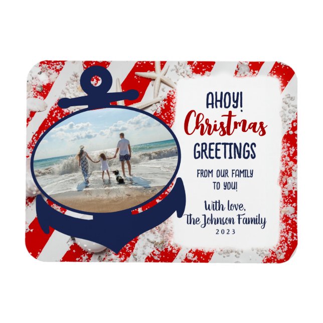 Red, White och Blue Nautical Anchor Ahoy jul Magnet (Horisontell)