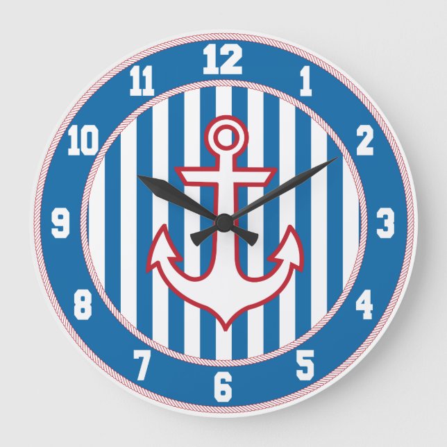 Red White och Blue Nautical Anchor Clock Stor Klocka (Framsida)