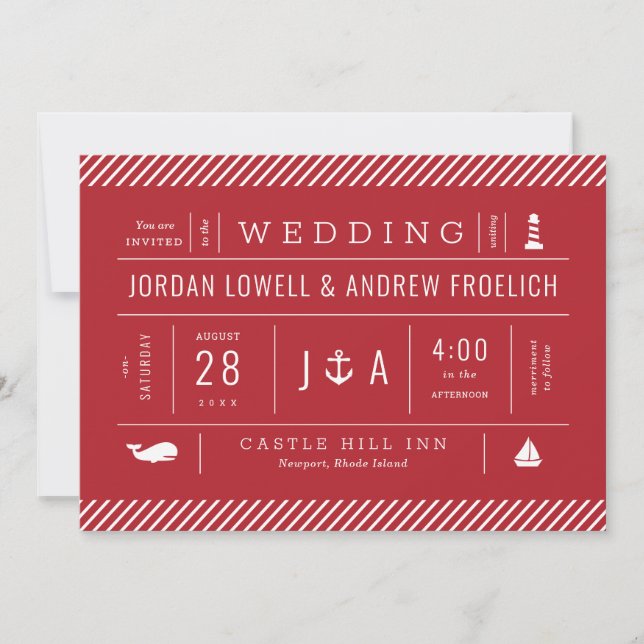 Red White och Blue Nautical Beach Wedding Meddelande (Framsida)
