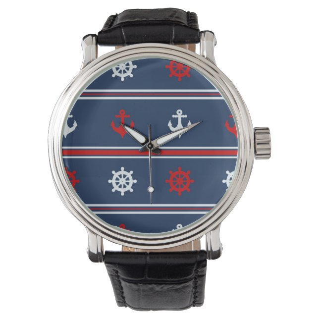 Red White och Blue Nautical Mönster Armbandsur (Framsida)