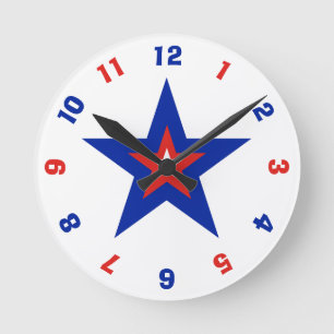 Red, White och Blue Patriotic American Star Rund Klocka