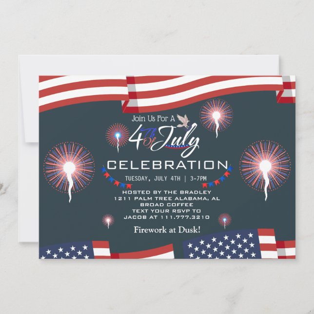 Red White och Blue Patriotic Fireworks 4:e juli Inbjudningar (Framsida)