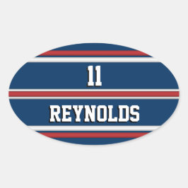 Red White och Blue Sports Jersey Namn och Number Ovalt Klistermärke