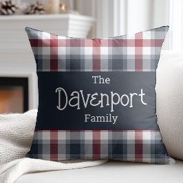 Red White och Blue Tartan Family Namn Kudde