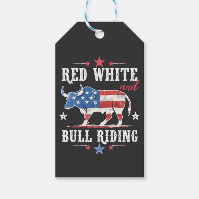 Red White och Bull Riding American Cowboys Presentetikett (Framsidan)