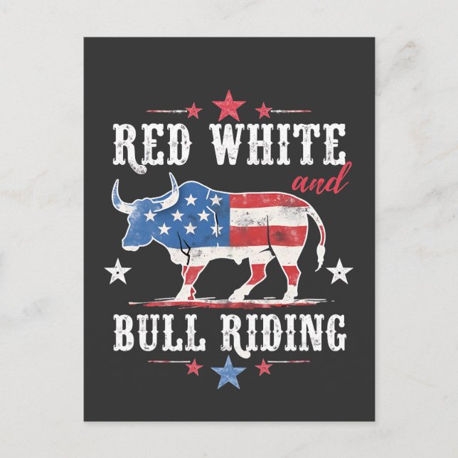 Red White och Bull Riding American Cowboys Vykort (Framsida)