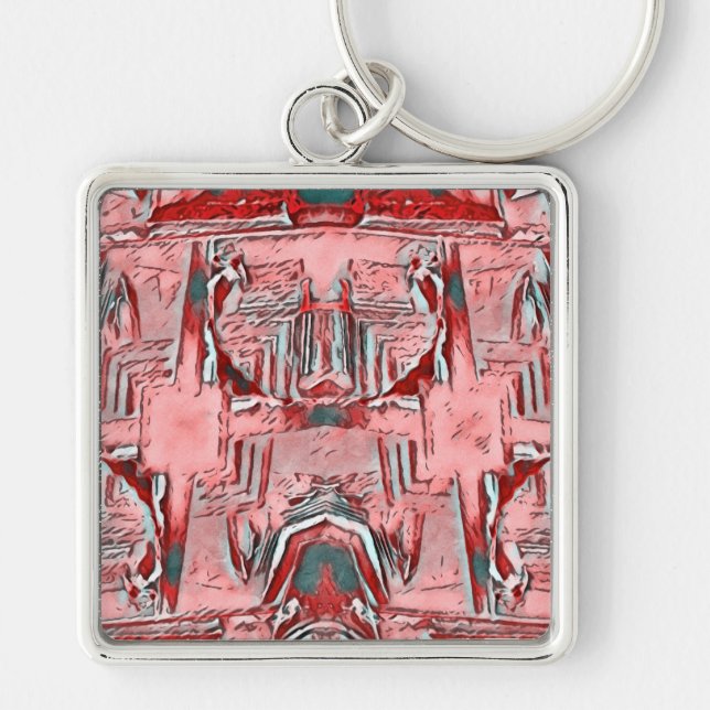 ~ Red White och Grått ~ Keychain Fyrkantig Silverfärgad Nyckelring (Framsidan)