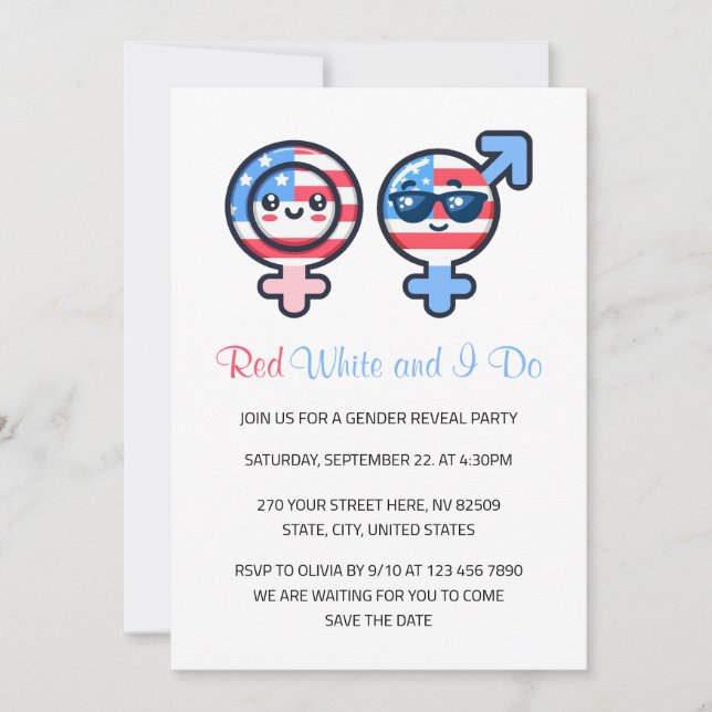 Red White och I Do 4:e juli Gender Reveal Inbjudningar (Framsida)