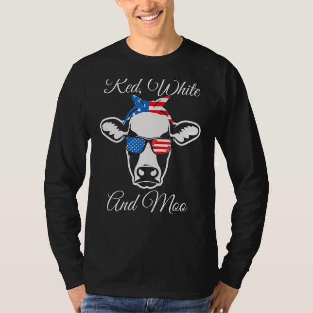 Red White och Moo American Flagga Cow 4 juli T Shirt (Framsida)