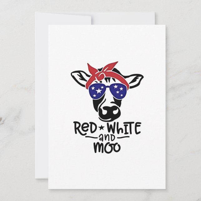 Red White och Moo Patriotic Cow Fjärde juli Inbjudningar (Framsida)