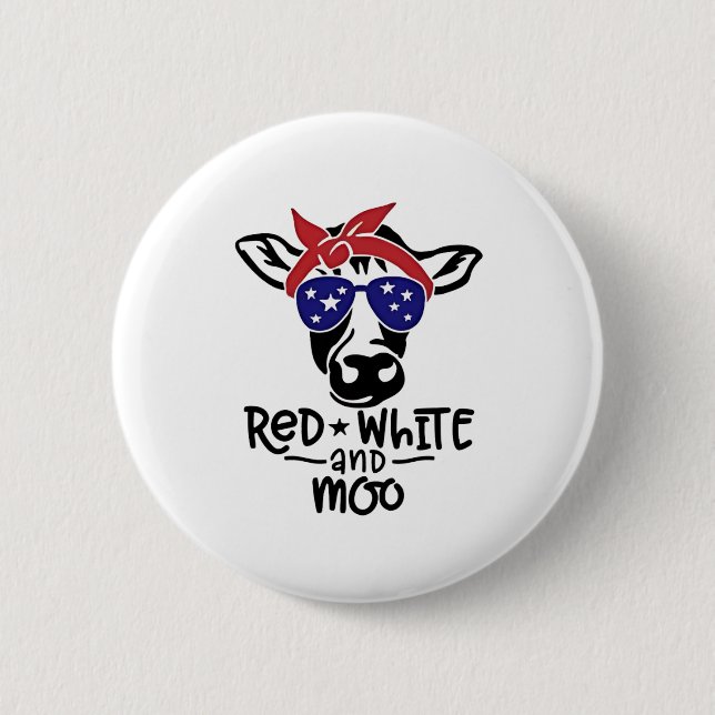 Red White och Moo Patriotic Cow Fjärde juli Knapp (Framsida)