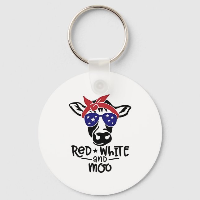 Red White och Moo Patriotic Cow Fjärde juli Nyckelring (Framsida)