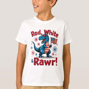 Red White och Rawr Cute Dinosaur USA flagga T Shirt