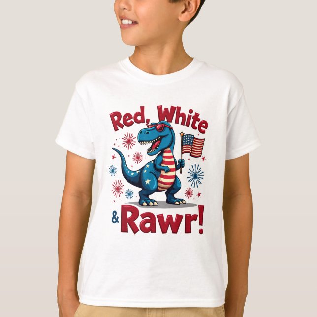 Red White och Rawr Cute Dinosaur USA flagga T Shirt (Framsida)