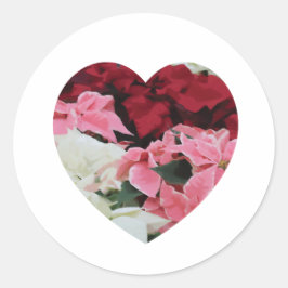 Red White och Rosa Winter Poinsettia hjärta Runt Klistermärke