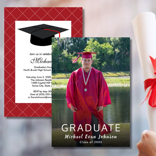 Red White Photo Class of 20XX Modern Studenten Inbjudningar (Red White Photo Class of 20XX Modern Graduation Invitation)