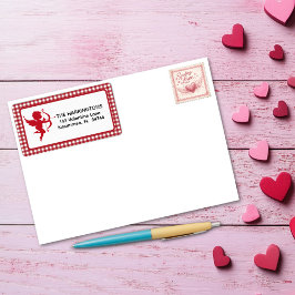Red & White Plaid Gingham Valentine Cupid & Bow Adressetikett