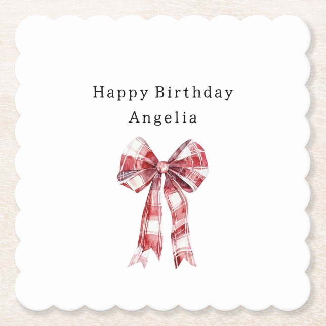 Red White Plaid Stripes Bow Birthday Underlägg Papper (Framsida)