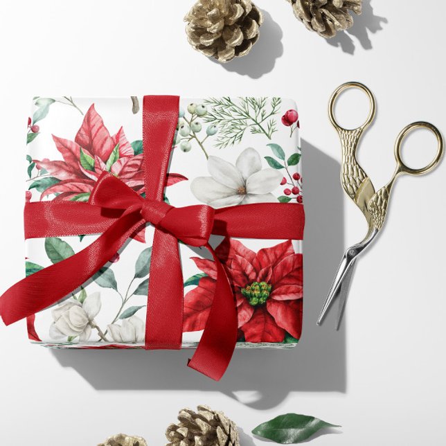 Red & White Poinsettia, Berries, Holly-julen Presentpapper (Red and White Poinsettia Traditional Christmas Wrapping Paper)