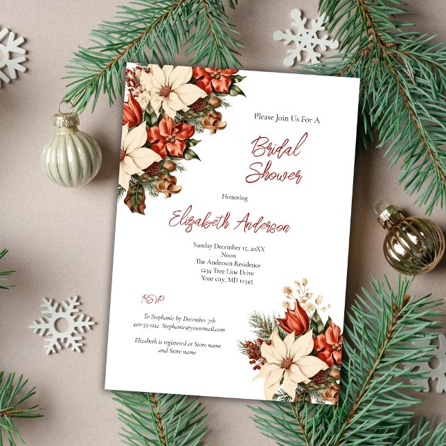 Red White Poinsettia Winter Helgdag Möhippa Inbjudningar (Vintage Poinsettia Red white elegant Christmas Holiday Winter Fall Bridal Shower invitation)