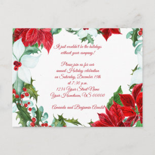 Red White Poinsettias Holly Berries Julfest Vykort