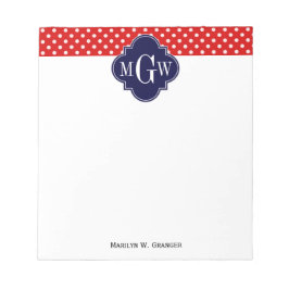 Red White Polka Dot Navy Quatrefoil 3 Monogram Anteckningsblock