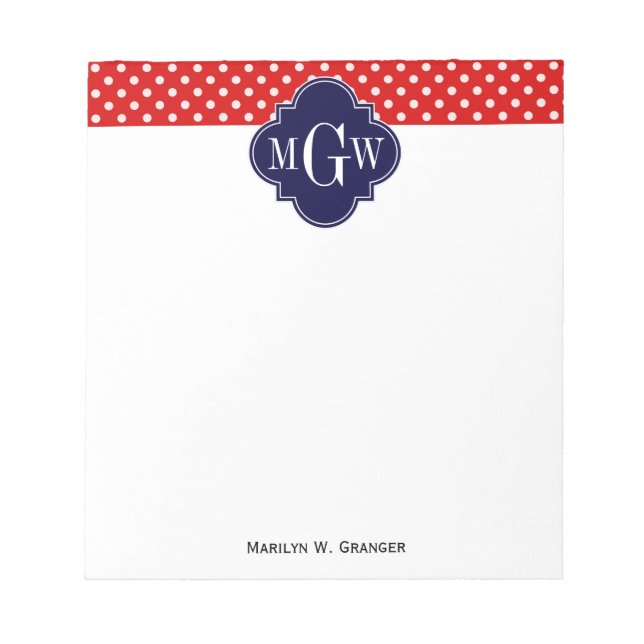Red White Polka Dot Navy Quatrefoil 3 Monogram Anteckningsblock (Framsida)