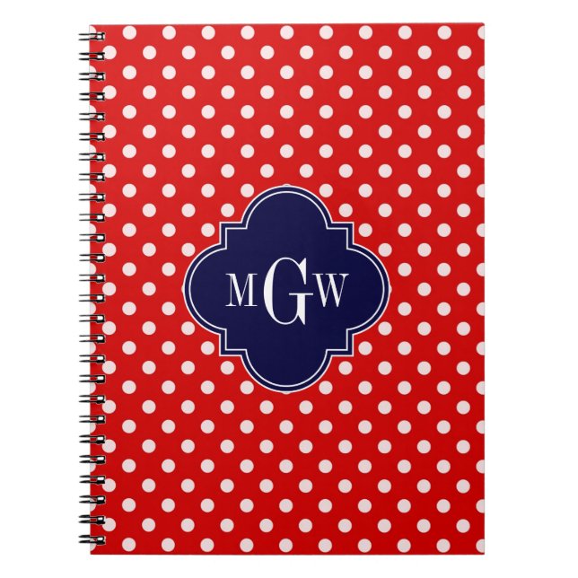 Red White Polka Dot Navy Quatrefoil 3 Monogram Anteckningsbok Med Spiral (Framsidan)