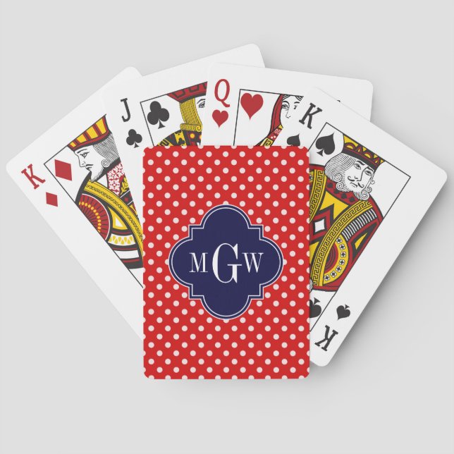 Red White Polka Dot Navy Quatrefoil 3 Monogram Casinokort (Baksidan)
