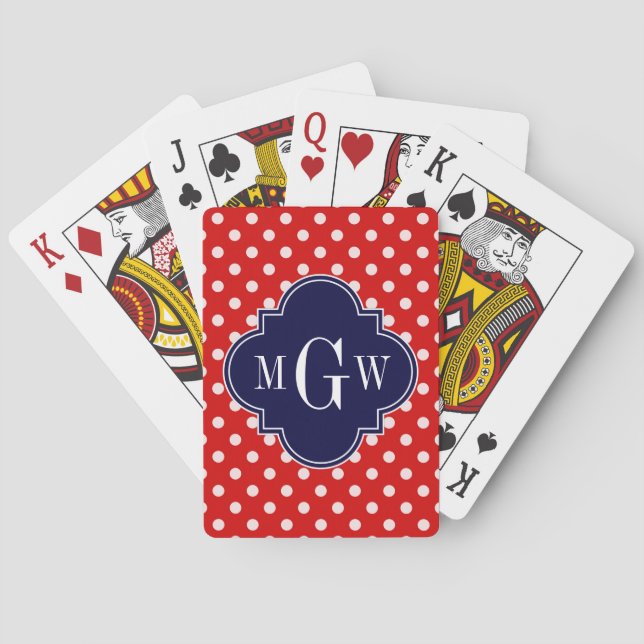 Red White Polka Dot Navy Quatrefoil 3 Monogram Casinokort (Baksidan)