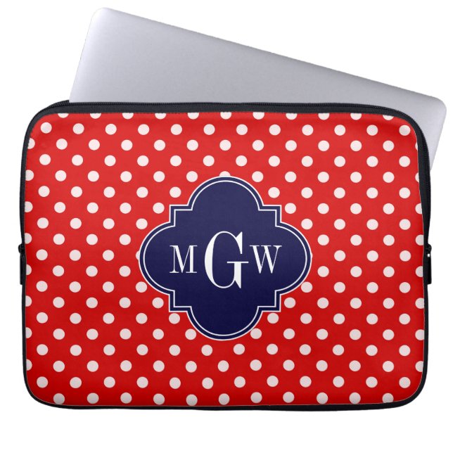 Red White Polka Dot Navy Quatrefoil 3 Monogram Laptop Fodral (Framsidan)